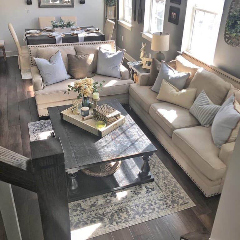 Large Beige Corner Sofa with Cushions