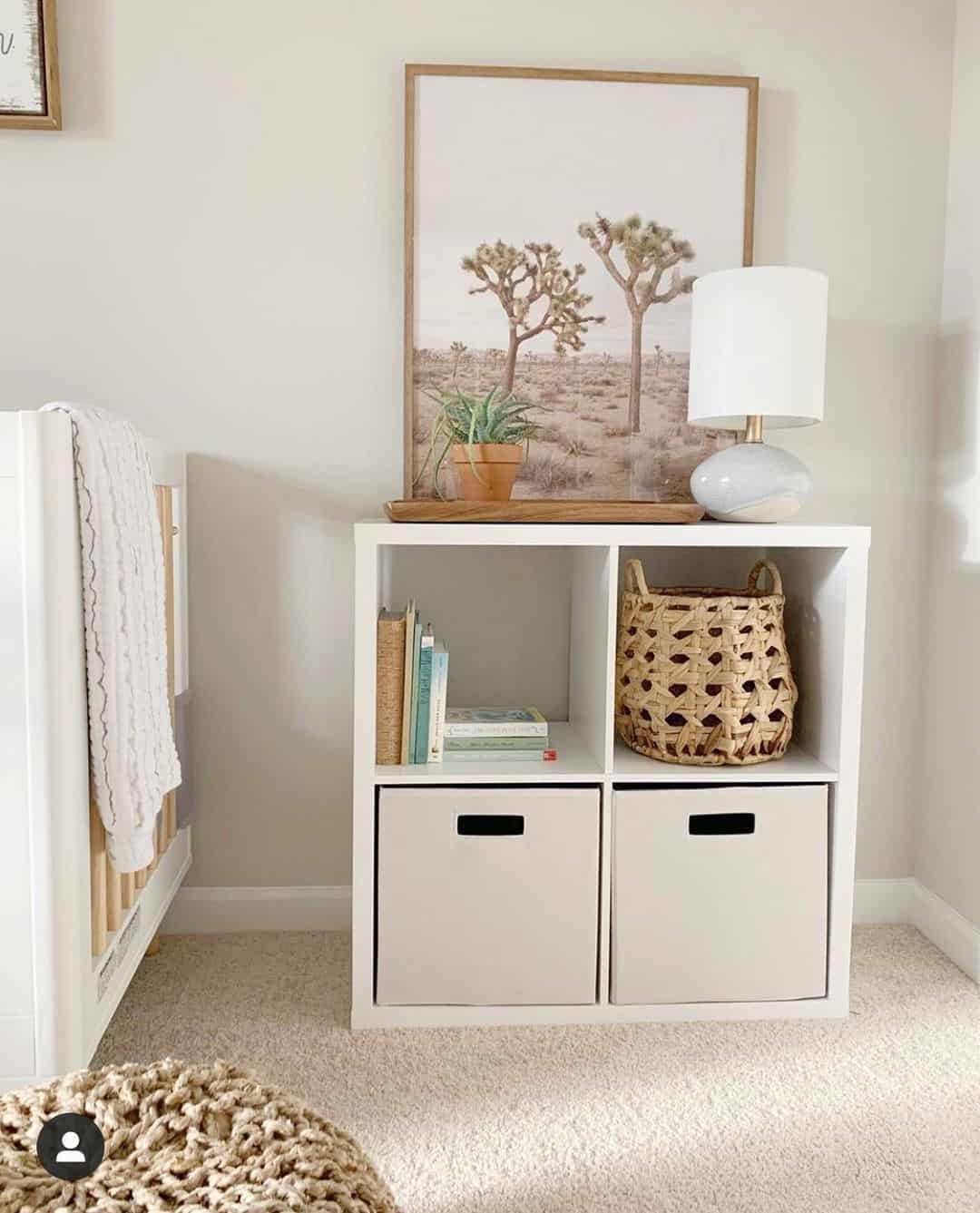 White Lamp on a White Nursery Storage Unit