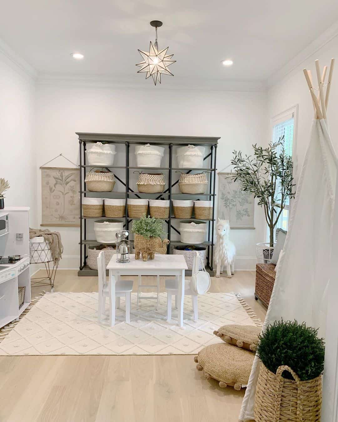 Playroom with Star Pendant Lamp and Black Shelves