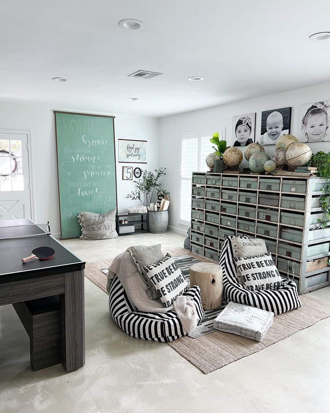 Globes On a Large Playroom Storage Unit