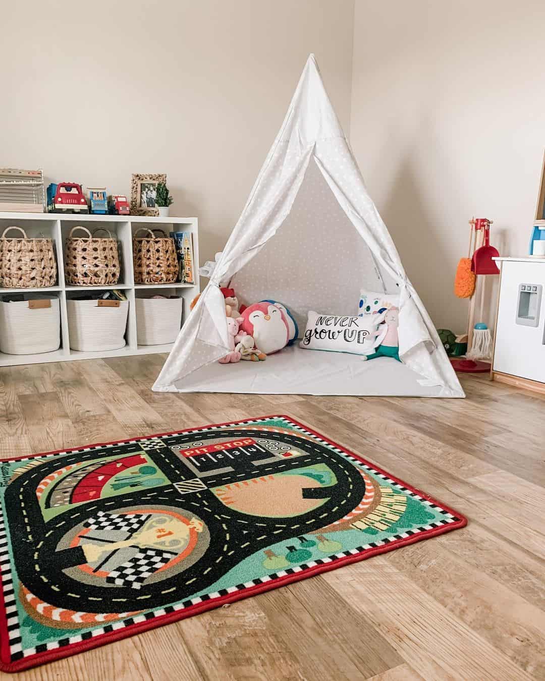A White Tent Next to a White Shelving Unit