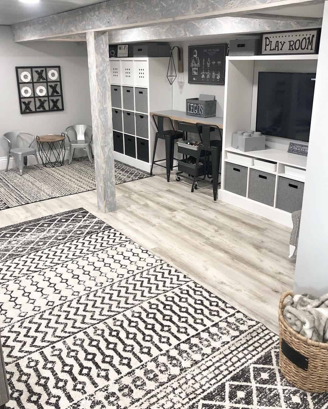 Large Playroom Storage Unit with Gray Bins