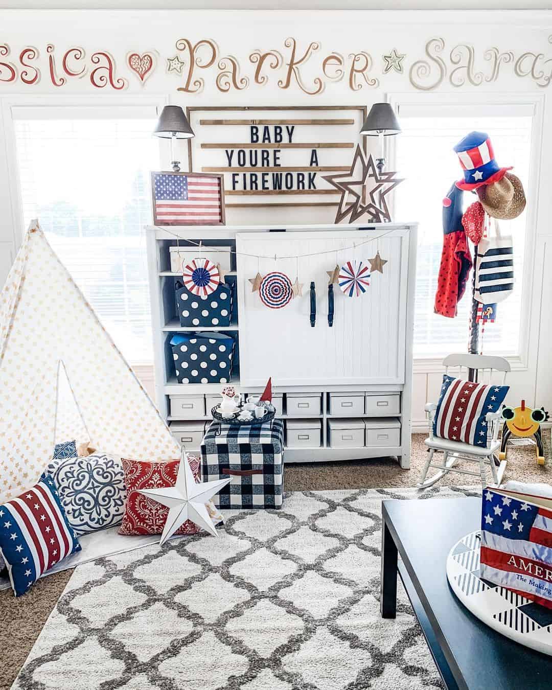 Playroom Storage Cabinet With Blue and White Containers