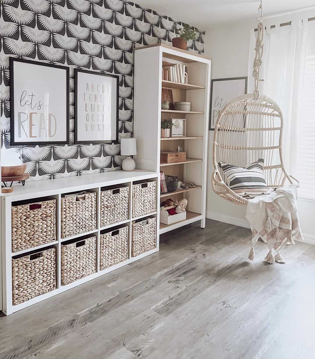 Rattan Swing Chair with Black and White Swan Wallpaper