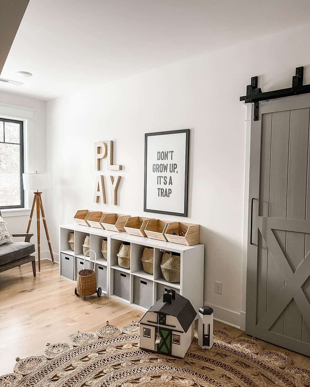 Farmhouse Playroom with Sliding Barn Door