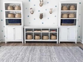Playroom with White and Blue Polka Dot Wallpaper