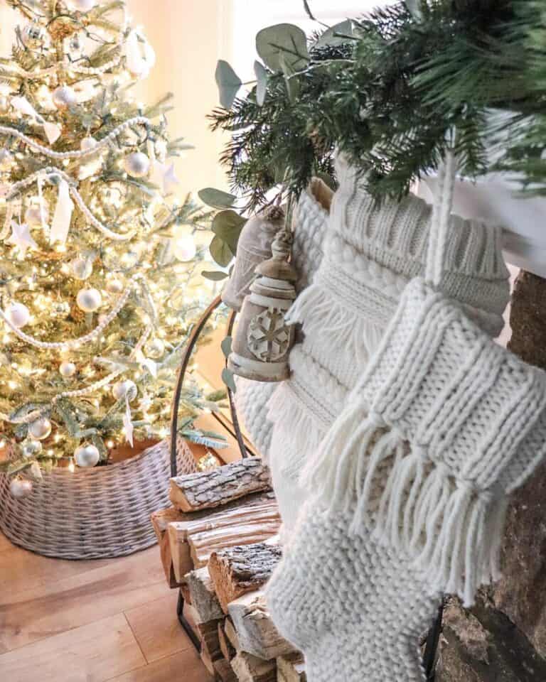 Bright Christmas Tree in a White Rattan Tree Collar