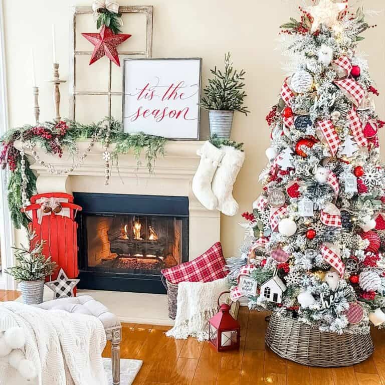 Festive Red and White Ornaments on a Tree in a Rattan Collar