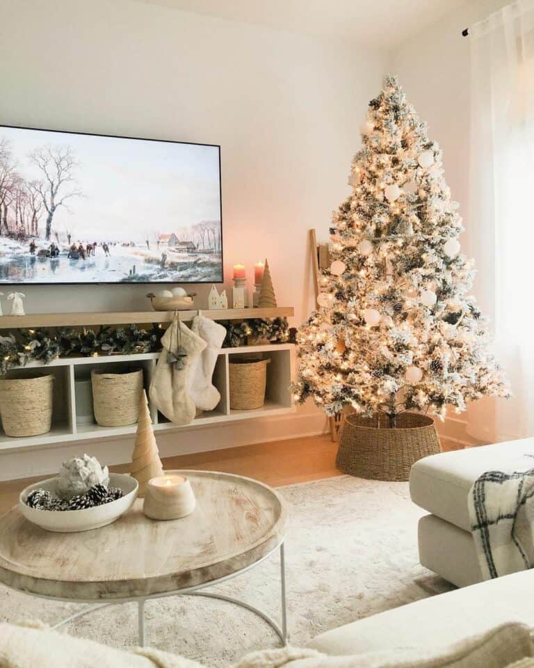 White Christmas Tree in a Rattan Tree Collar