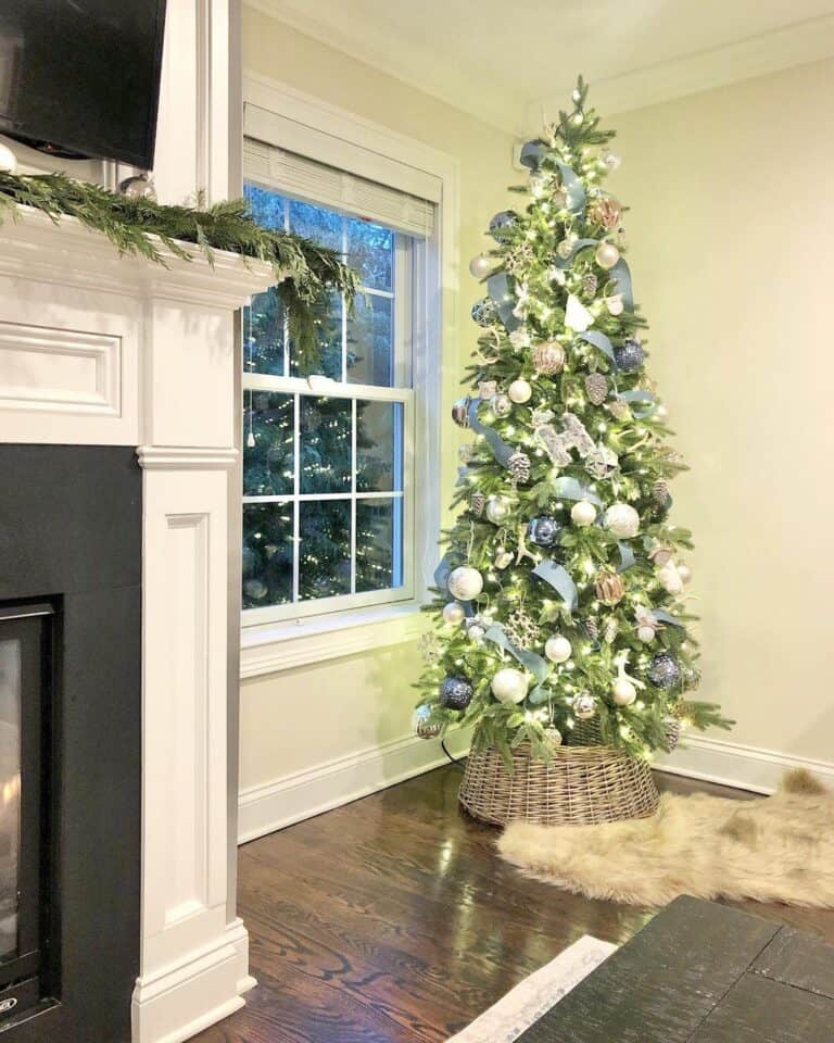 Blue and White Ornaments on a Tree in a Rattan Collar