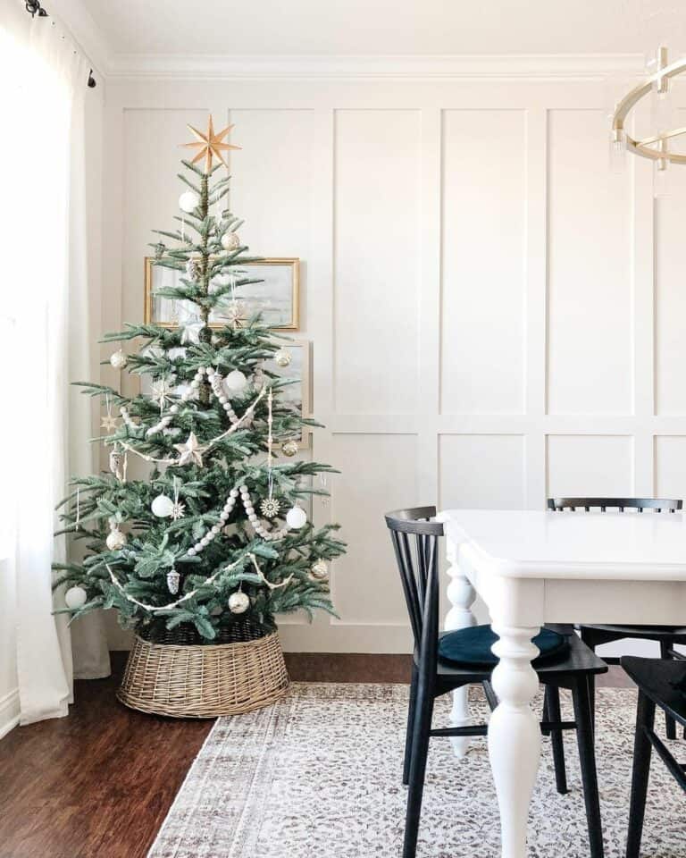 Silver and White Ornaments and a Beige Tree Collar