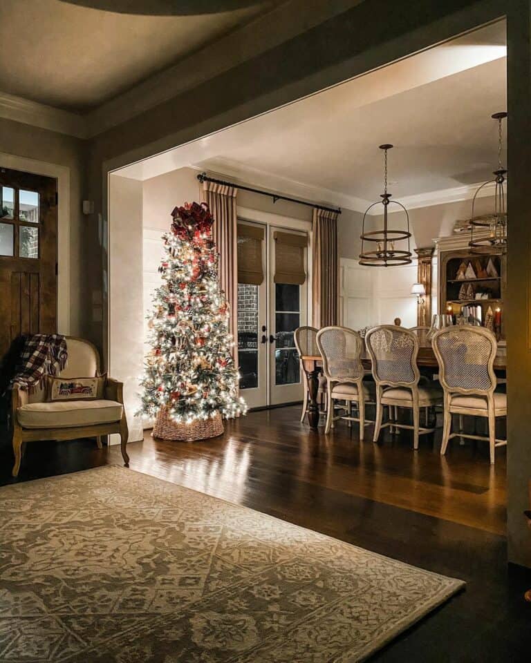 Beautifully Lit Christmas Tree in a Wicker Tree Collar