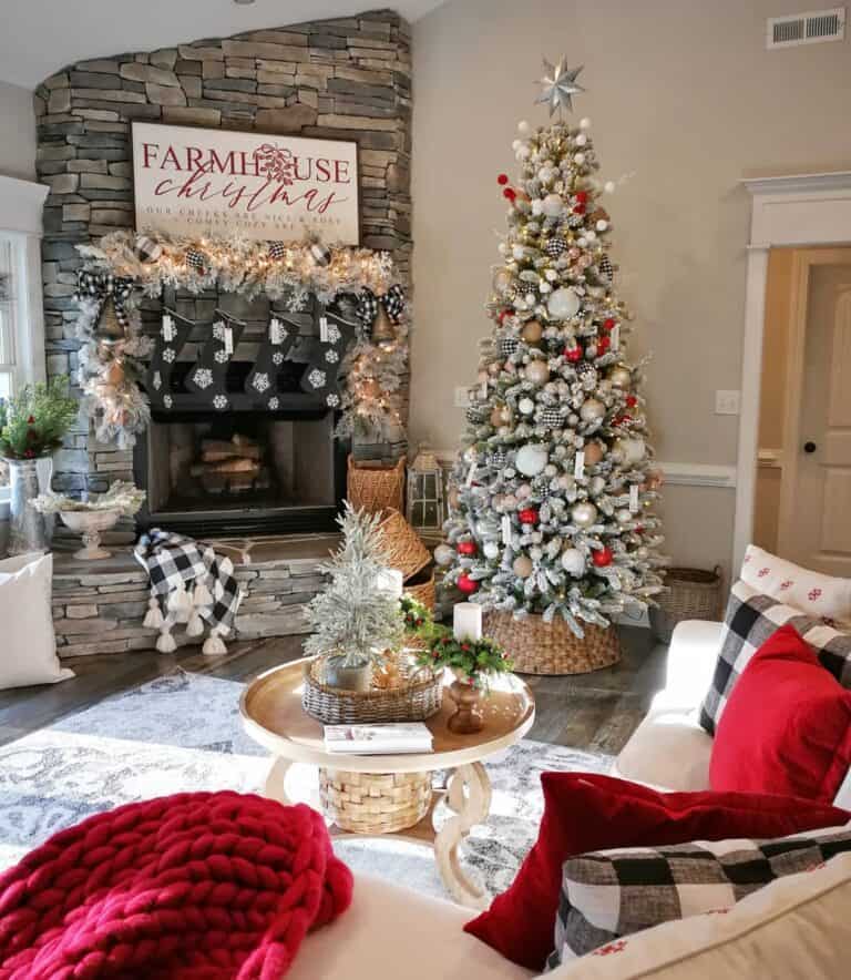 Tree in a Wicker Tree Collar Next to a Stone Fireplace