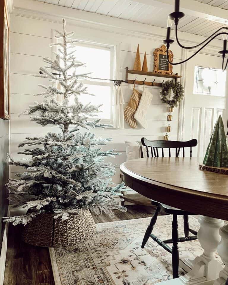 Christmas Décor and a White Tree in a Wicker Tree Collar