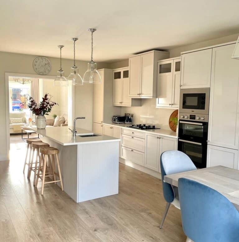 Kitchen with Light Wood Floors and White Cabinets