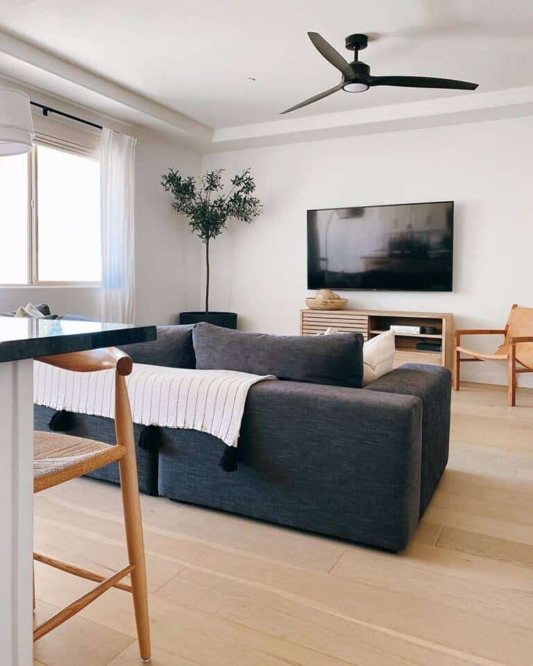 White Living Room with Black Ceiling Fan