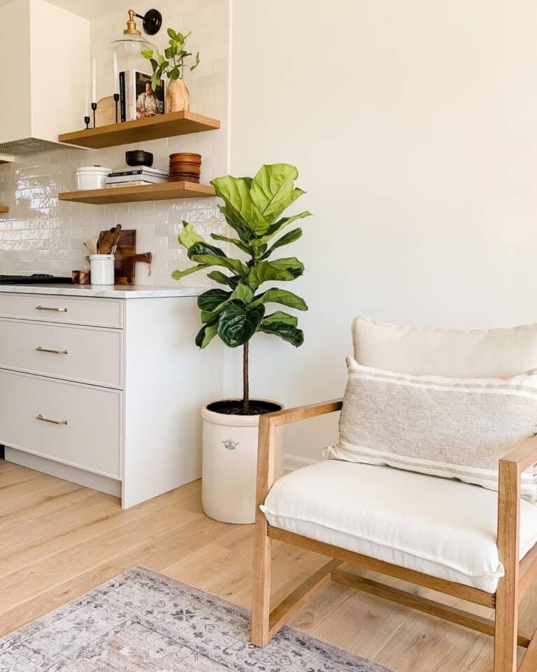 White Kitchen with Wood Accents and Light Floors
