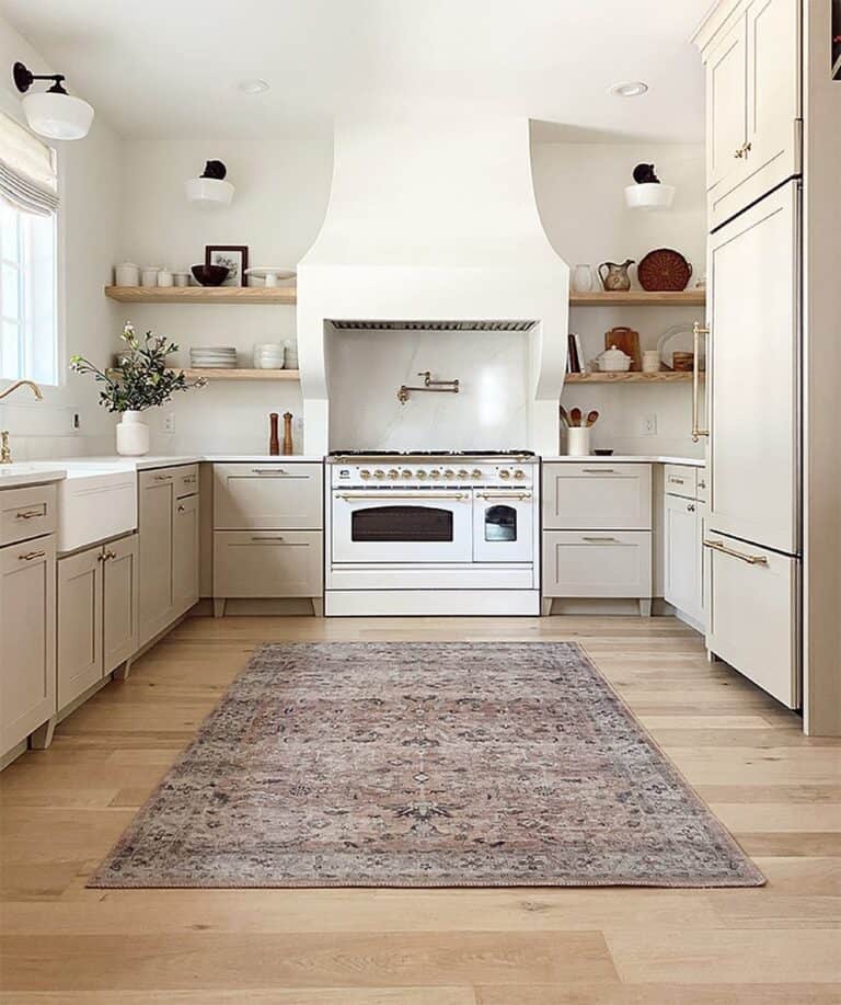 Beige and White Kitchen with Light Wood Floor