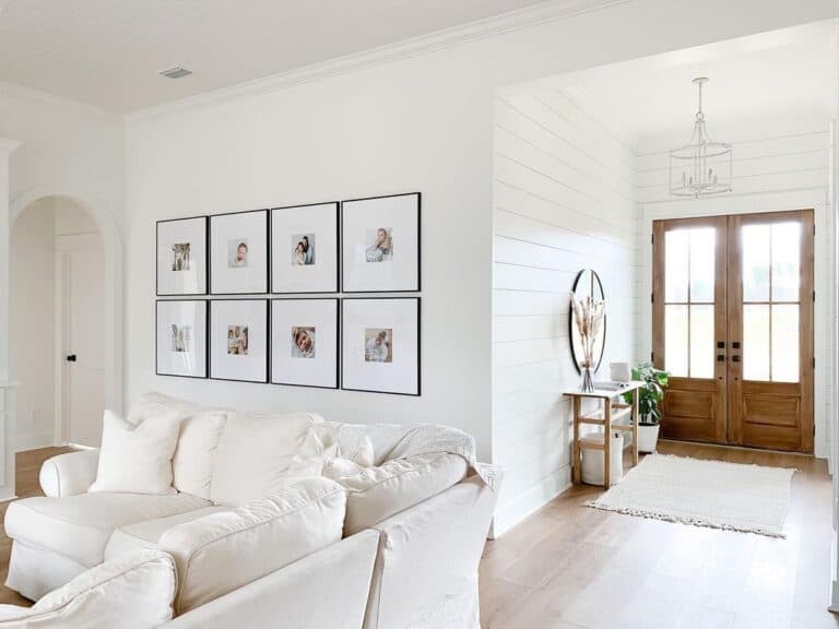 White Farmhouse Inspired Living Room and Gallery Wall